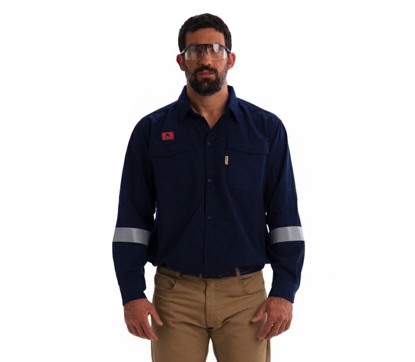 Camisa Ignifuga Azul con Reflectivo Gris